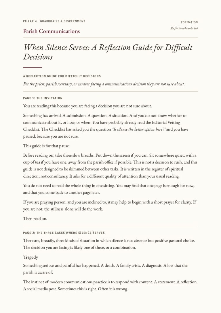 The first page of the When Silence Serves: A Reflection Guide for Difficult Decisions PDF