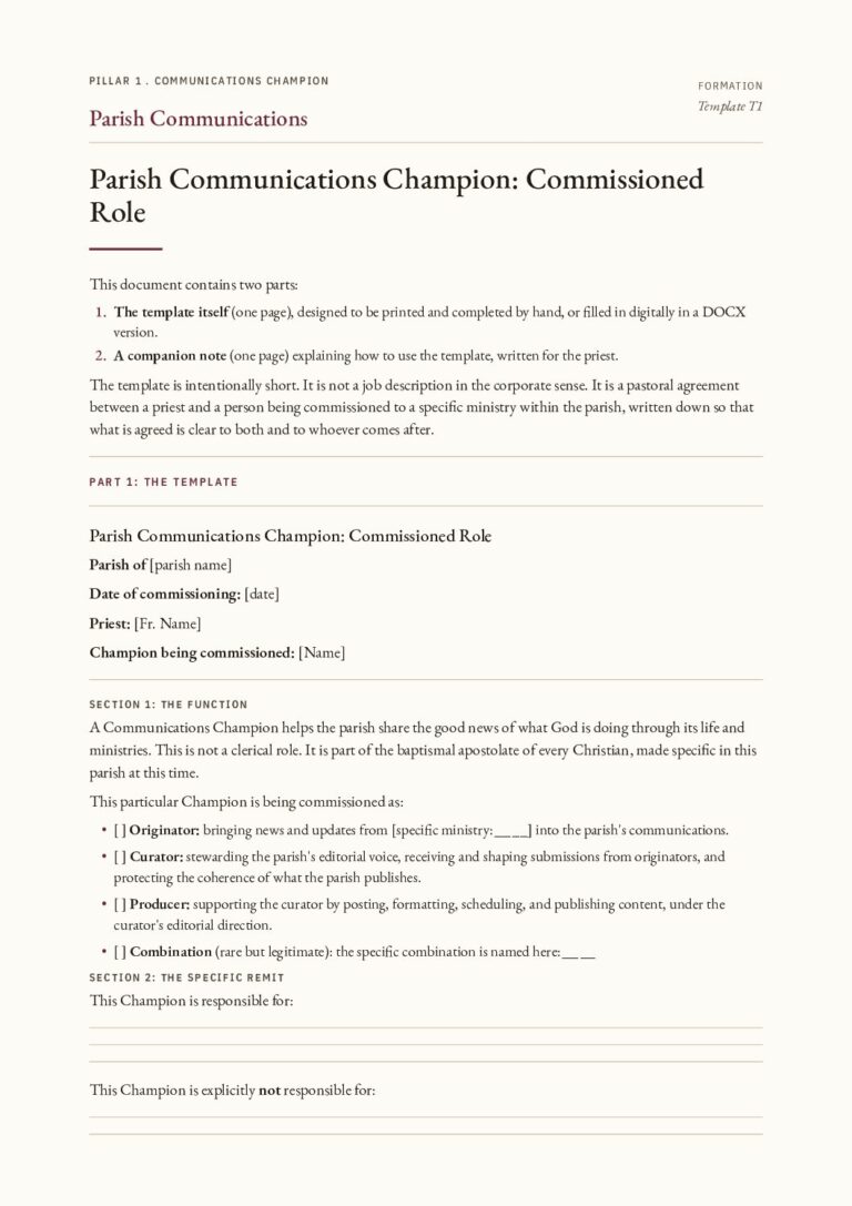 The first page of the Parish Communications Champion: Commissioned Role PDF