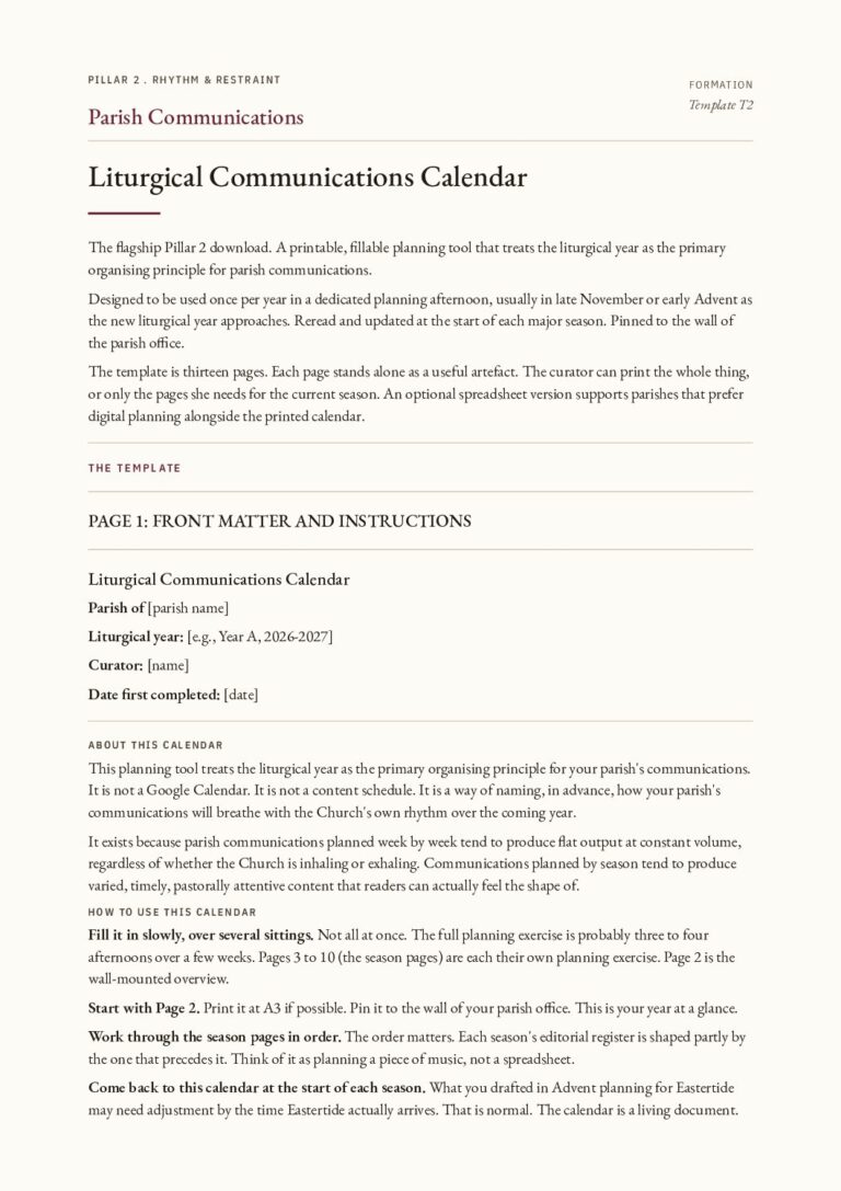 The first page of the Liturgical Communications Calendar PDF
