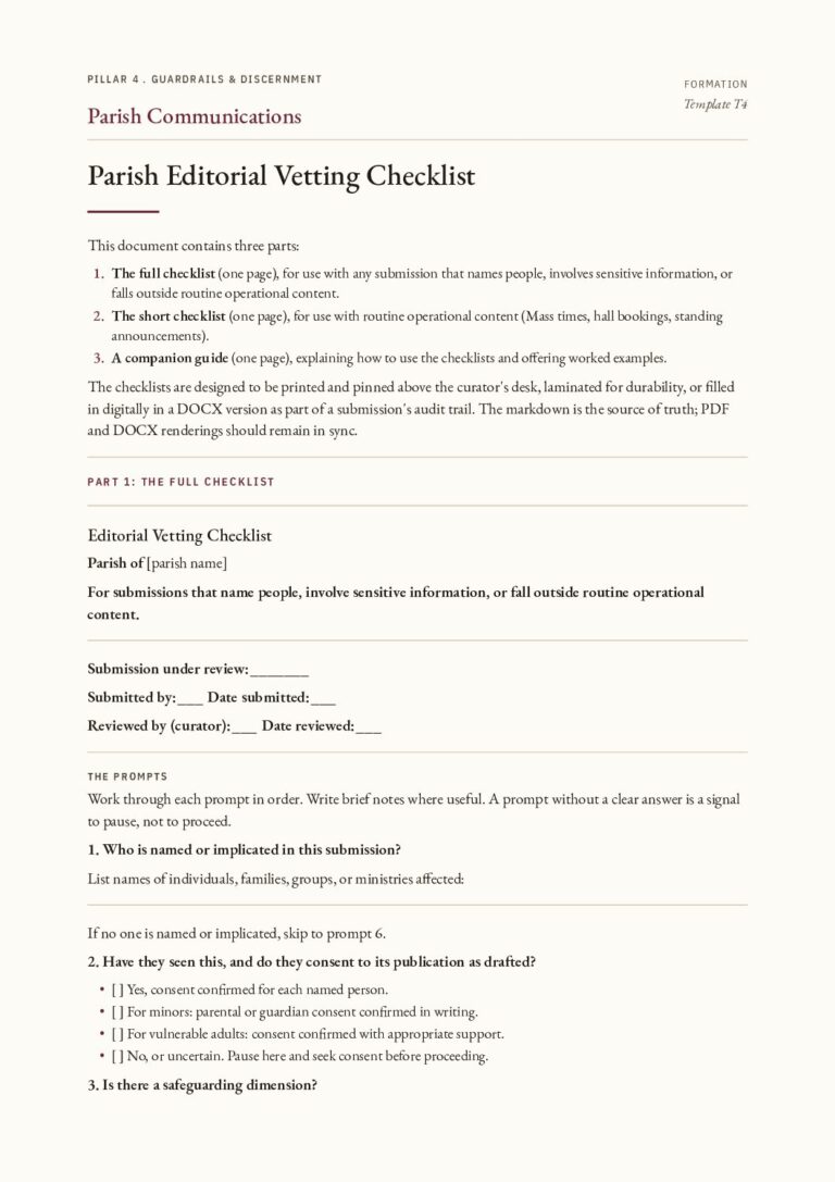 The first page of the Parish Editorial Vetting Checklist PDF