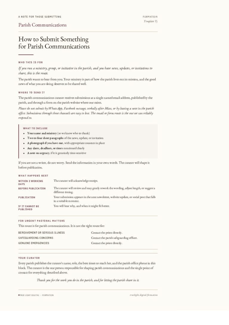 The first page of the How to Submit Something for Parish Communications PDF